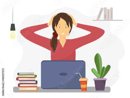 Stressed young woman at workplace holding her head, freelance work concept, flat vector illustration