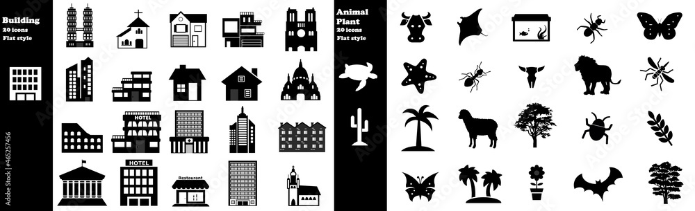 Bâtiments, animaux et plantes en 40 icônes, collection	