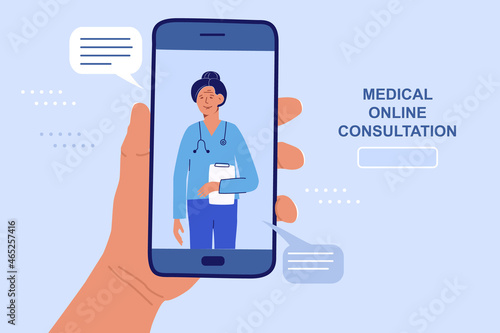 Online medical consultation. Telemedicine, telehealth, ehealth. Elderly woman doctor at the smartphone screen. Banner, patient and doctor healthcare communication concept. Vector cartoon illustration