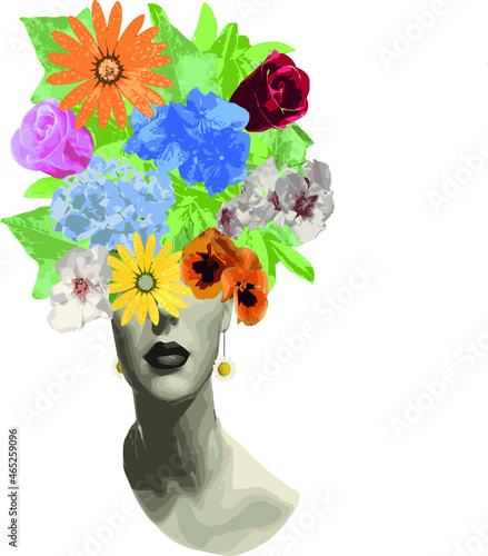 Fototapeta Naklejka Na Ścianę i Meble -  Vector illustration of a headshot of a woman with flowers and leaves in her hair. Transparent background.