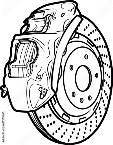 Car brake caliper isolated on white background.Illustration in ink hand drawn style.