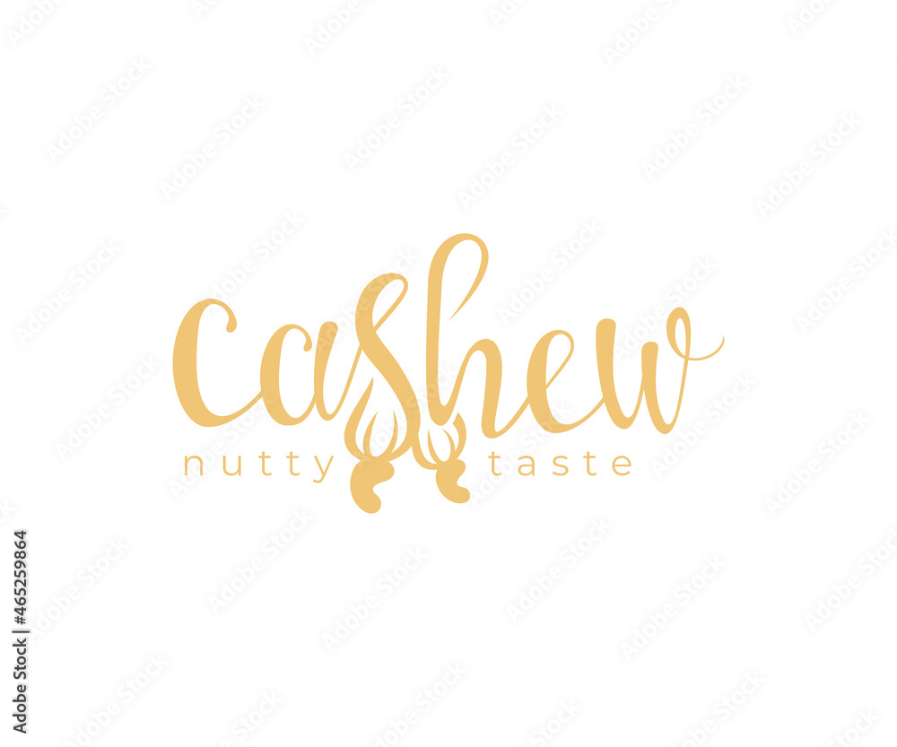 Cashew, nut, fruit, wordmark, lettering and typography, logo design. Food, raw food, organic food, vector design and illustration