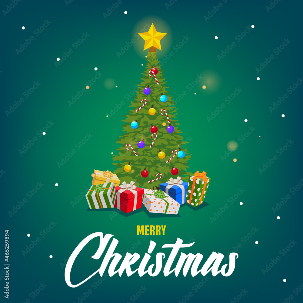 A festive elegant Christmas tree with balls and gifts under it. Bottom inscription Merry Christmas. Christmas mood A festive elegant Christmas tree with balls and gifts under it. Bottom inscription Merry Christmas. Christmas mood