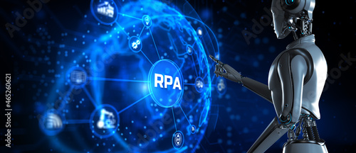 RPA Robotic process automation concept. Robot pressing button on screen 3d render.