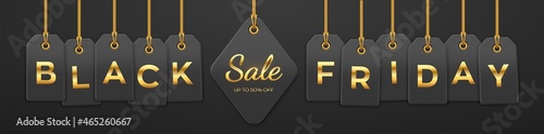 Black friday sale, shopping promotion. Price tag coupons hanging on gold ropes with golden letters for Black Friday discount for decoration on black background. Realistic Vector illustration.