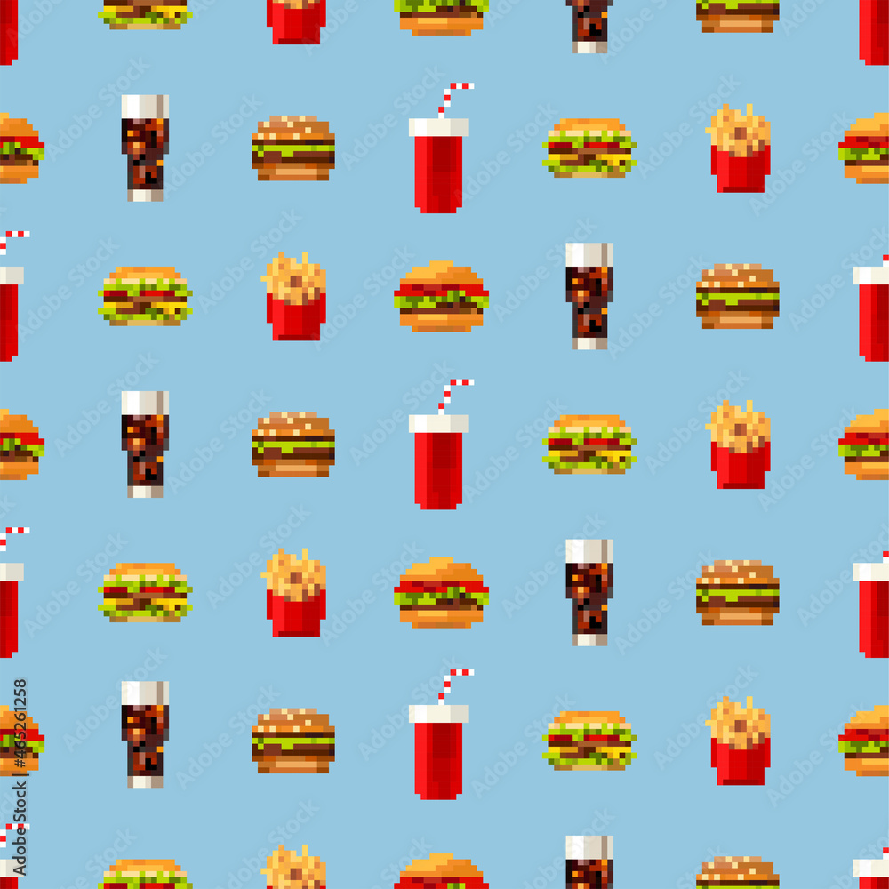 Pixel art fastfood set seamless pattern in style of eight-bit game ...