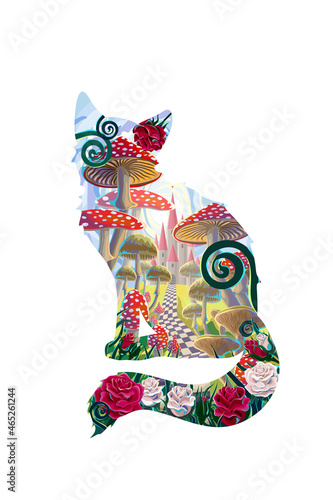 Silhouette of Cheshire cat on white background and fantastic landscape with mushrooms, beautiful old castle, red and white roses and butterflies.
illustration to fairy tale "Alice in Wonderland"