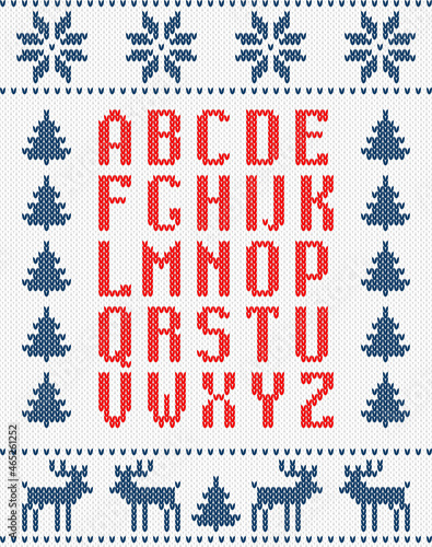 alphabet on knitted background. Decorative Christmas poster	
