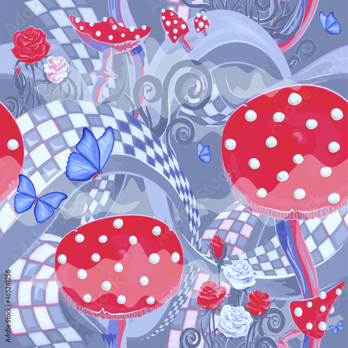 surreal wonderland background with a maze road, roses, mushrooms and butterflies. Seamless pattern. Texture for fabric, wrapping, wallpaper. Decorative print. Vector illustration