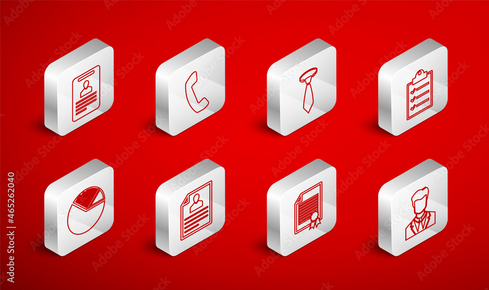 Set line User of man in business suit, Telephone handset, Tie, Clipboard with checklist, Certificate template, Identification badge, Resume and Pie chart infographic icon. Vector Set line User of man in business suit, Telephone handset, Tie, Clipboard with checklist, Certificate template, Identification badge, Resume and Pie chart infographic icon. Vector