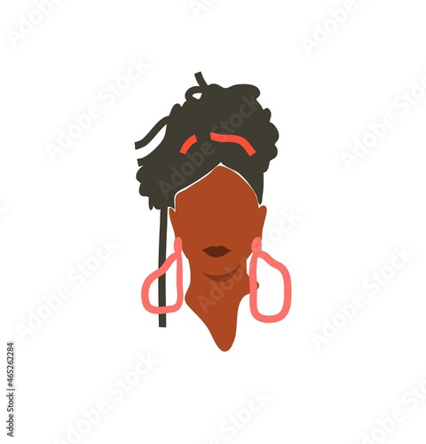 Hand drawn vector abstract flat graphic contemporary aesthetic fashion illustration with bohemian,modern african american female portrait in simple trendy minimal style isolated on pastel background.