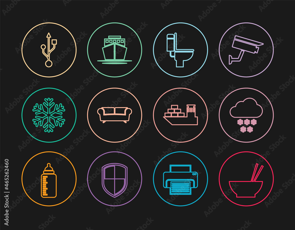 Set line Bowl with chopsticks, Cloud snow, Toilet bowl, Sofa, Snowflake, USB, Cargo ship and Ship icon. Vector Set line Bowl with chopsticks, Cloud snow, Toilet bowl, Sofa, Snowflake, USB, Cargo ship and Ship icon. Vector