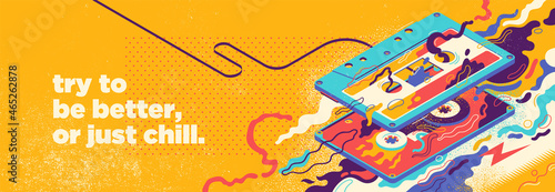 Abstract lifestyle illustration with isometric style retro tape cassette, splashes and slogan. Vector illustration.