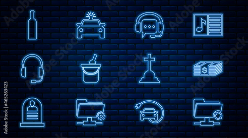 Set line FTP sync refresh, Paper money dollars cash, Headphones with speech bubble, Bottle of wine in bucket, microphone, Tombstone cross and Police car and flasher icon. Vector