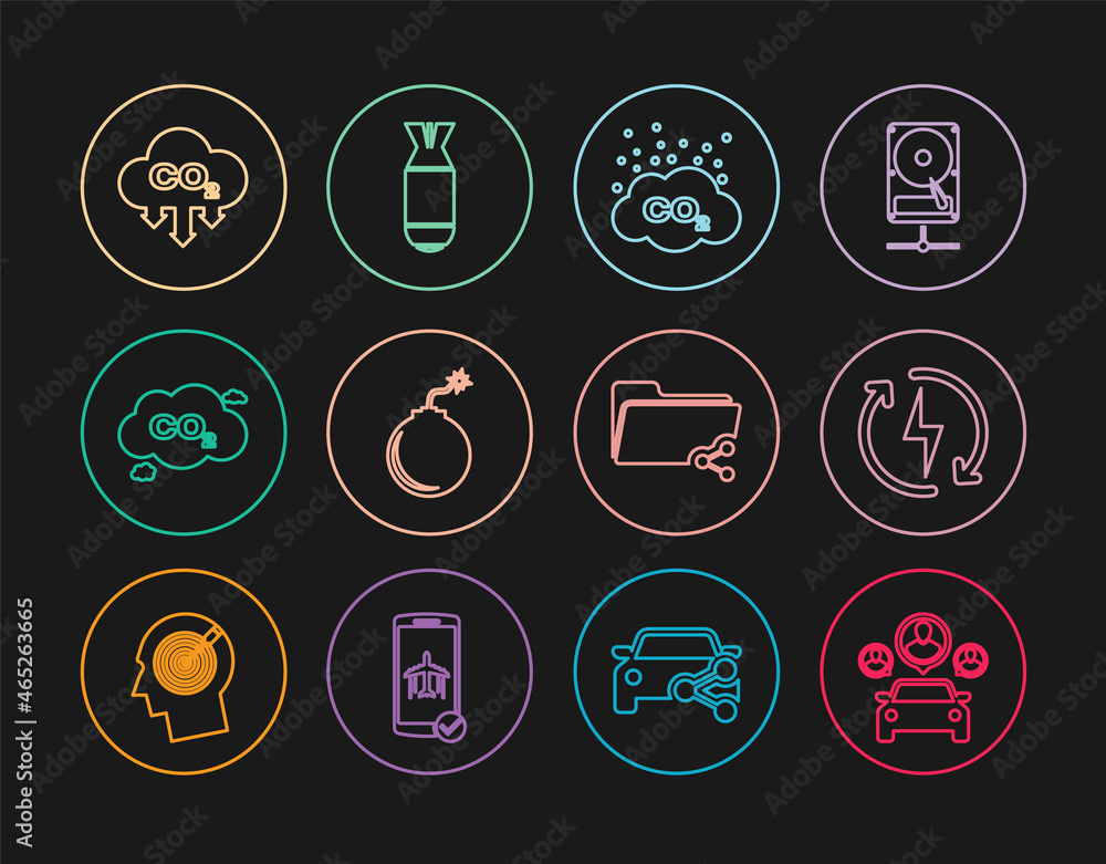 Set line Car sharing, Recharging, CO2 emissions cloud, Bomb ready to explode, Share folder and Aviation bomb icon. Vector Set line Car sharing, Recharging, CO2 emissions cloud, Bomb ready to explode, Share folder and Aviation bomb icon. Vector