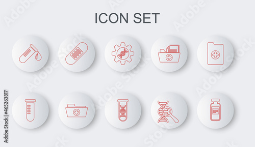Set line Medical vial, ampoule, Test tube or flask, Genetic engineering, DNA research, search, with drop of blood, Bandage plaster, Health record folder and icon. Vector