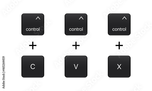 Ctrl plus C, Ctrl plus V and Ctrl plus Z. Control C, Control V keyboard buttons. Copy and paste key shortcut. Computers particles keyboards. Black computer icons. Vector illustration.