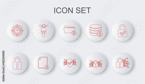 Set line Cyber security, Lock, Folder and lock, Time Management, Scooter, Document and icon. Vector