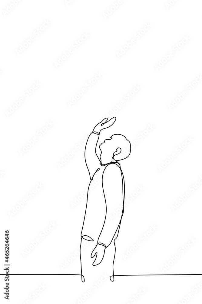 man looks up and stretches his hand - one line drawing vector. a man tries to consider something above him and covers his eyes with a palm of a bright light man looks up and stretches his hand - one line drawing vector. a man tries to consider something above him and covers his eyes with a palm of a bright light