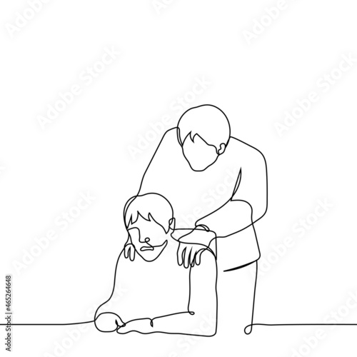man is holding another upset man - one line drawing vector. comfort concept; forcing the boss to work overtime; unwanted touch; sexual harassment