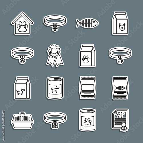 Set line Certificate for dog or cat, Bag of food, Cat collar, Fish skeleton, award symbol, Collar with name tag, Dog house and paw print pet and icon. Vector