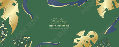 Green floral promotion elegant banner fore sale. Minimal background in green colors with golden elements and outline tropical plant leaves. Modern patterns with elegant luxury aesthetics cover design.