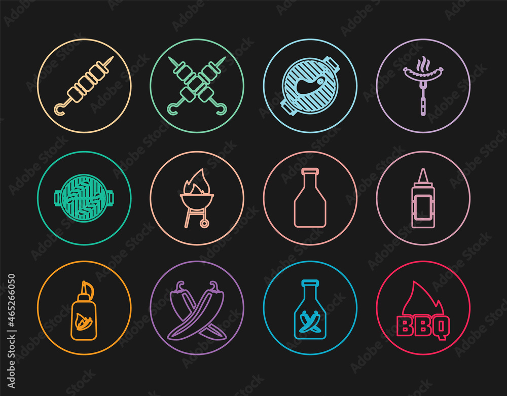 Set line Barbecue fire flame, Mustard bottle, grill with steak, sausage, Grilled shish kebab, Ketchup and icon. Vector Set line Barbecue fire flame, Mustard bottle, grill with steak, sausage, Grilled shish kebab, Ketchup and icon. Vector