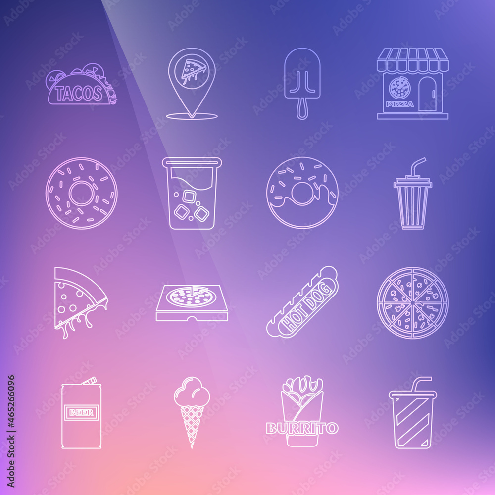 Set line Glass with water, Pizza, Ice cream, Donut, Taco tortilla and icon. Vector Set line Glass with water, Pizza, Ice cream, Donut, Taco tortilla and icon. Vector