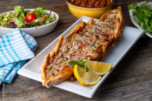 Traditional delicious Turkish food, meat pide (Turkish name; Kusbasi etli pide)