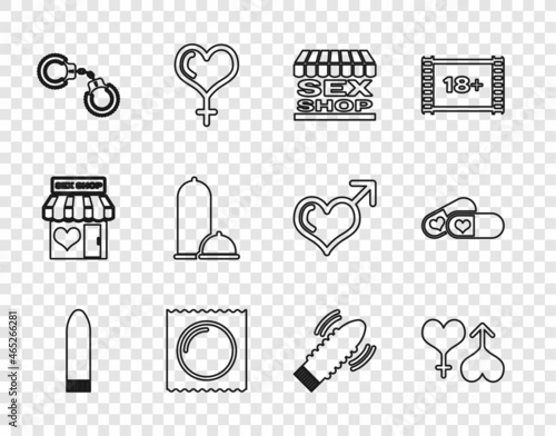 Set line Dildo vibrator, Male and female heart, Sex shop building, Condom package, Sexy fluffy handcuffs, Condoms safe sex, for games and Pills potency icon. Vector