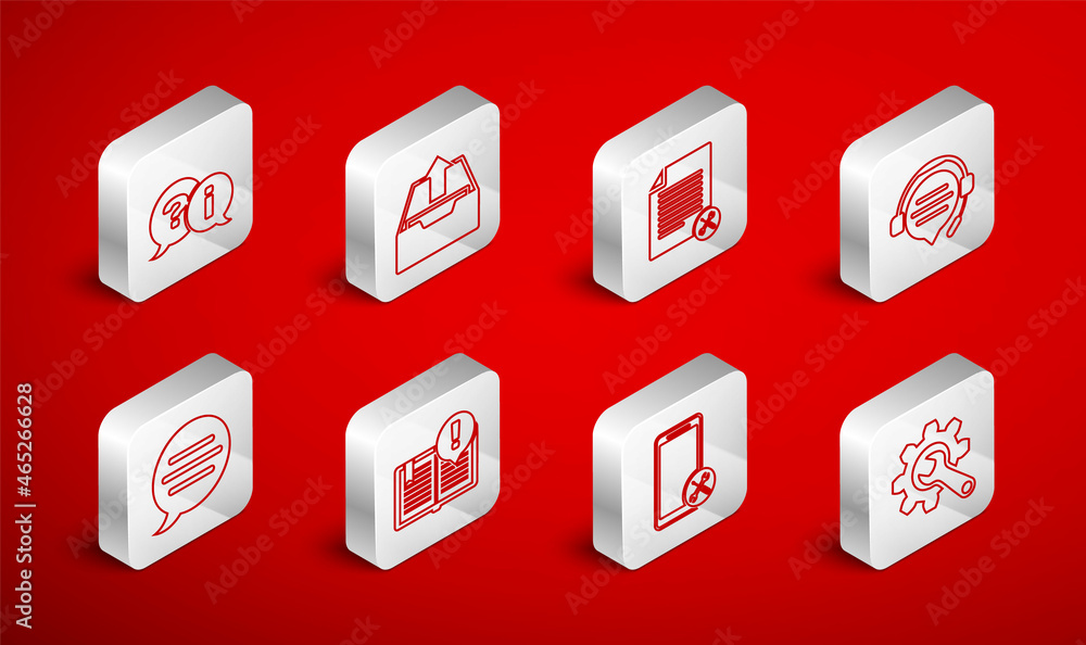 Set line Wrench and gear, Upload inbox, File document service, Headphones with speech bubble chat, Mobile, Question Exclamation, Interesting facts and Speech icon. Vector Set line Wrench and gear, Upload inbox, File document service, Headphones with speech bubble chat, Mobile, Question Exclamation, Interesting facts and Speech icon. Vector