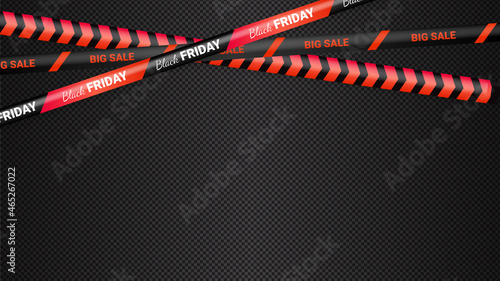 Black Friday red warning tapes, ribbobs. Template for black Friday sale. Background with danger tapes, police ribbon sign variation. Vector illustration.