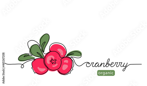 Cranberry, cowberry simple color vector illustration. One continuous line art drawing with lettering organic cranberry