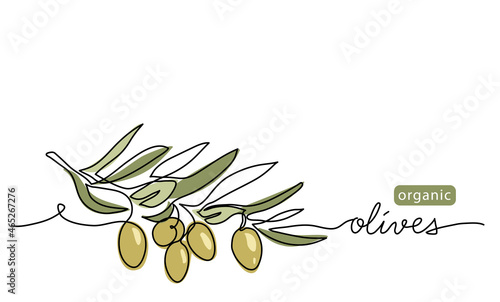 Green olives art vector drawing. One continuous line art with lettering organic green olives