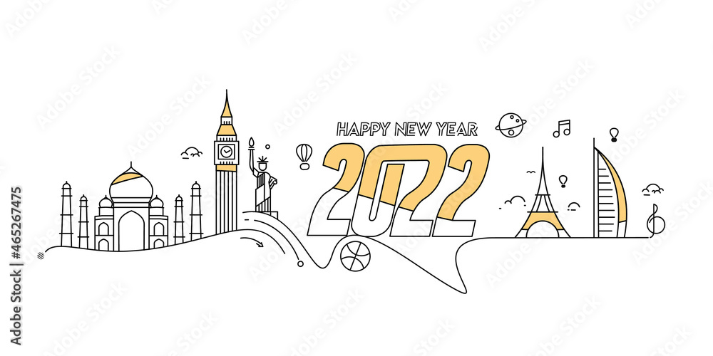Happy New Year 2022 Text with travel world Design Patter, Vector illustration.