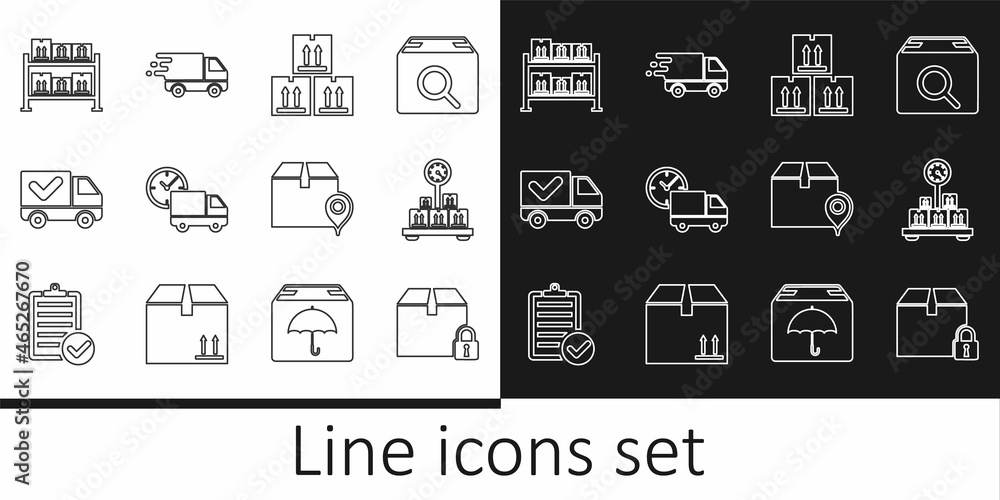Set line Locked package, Scale with cardboard box, Cardboard traffic, Delivery truck and clock, check mark, Warehouse, Location and in movement icon. Vector