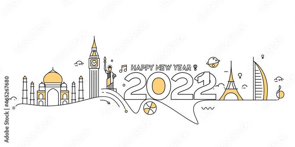 Happy New Year 2022 Text with travel world Design Patter, Vector illustration.