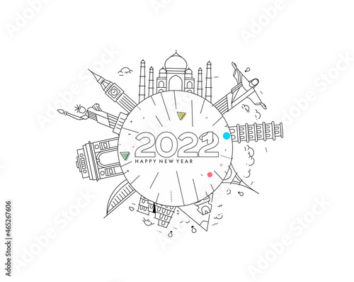 Happy New Year 2022 Text with travel world Design Patter, Vector illustration.