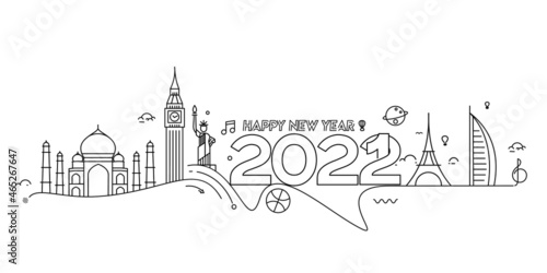 Happy New Year 2022 Text with travel world Design Patter, Vector illustration.