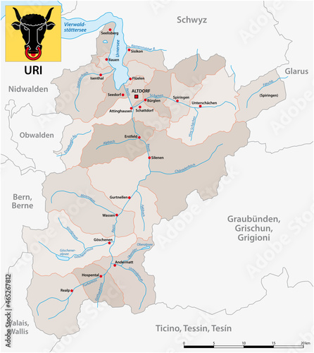 vector administrative map of the Swiss canton of Uri with flag photo