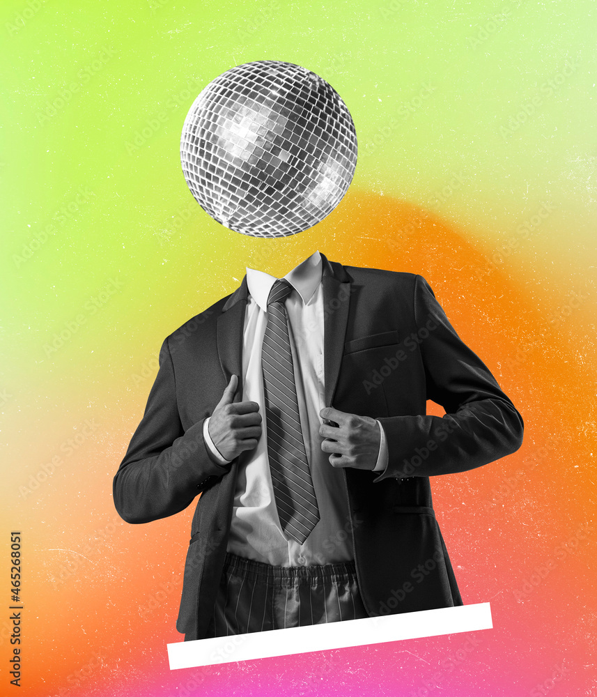 Contemporary art collage of man in official suit with disco ball head  isolated over multicolored background Photos | Adobe Stock