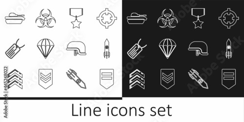 Set line Chevron, Biohazard rocket, Military reward medal, Parachute, dog tag, tank, helmet and symbol icon. Vector