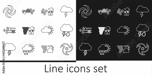 Set line Tornado, Cloud with rain and lightning, swirl, Wind snow, Cloudy and icon. Vector