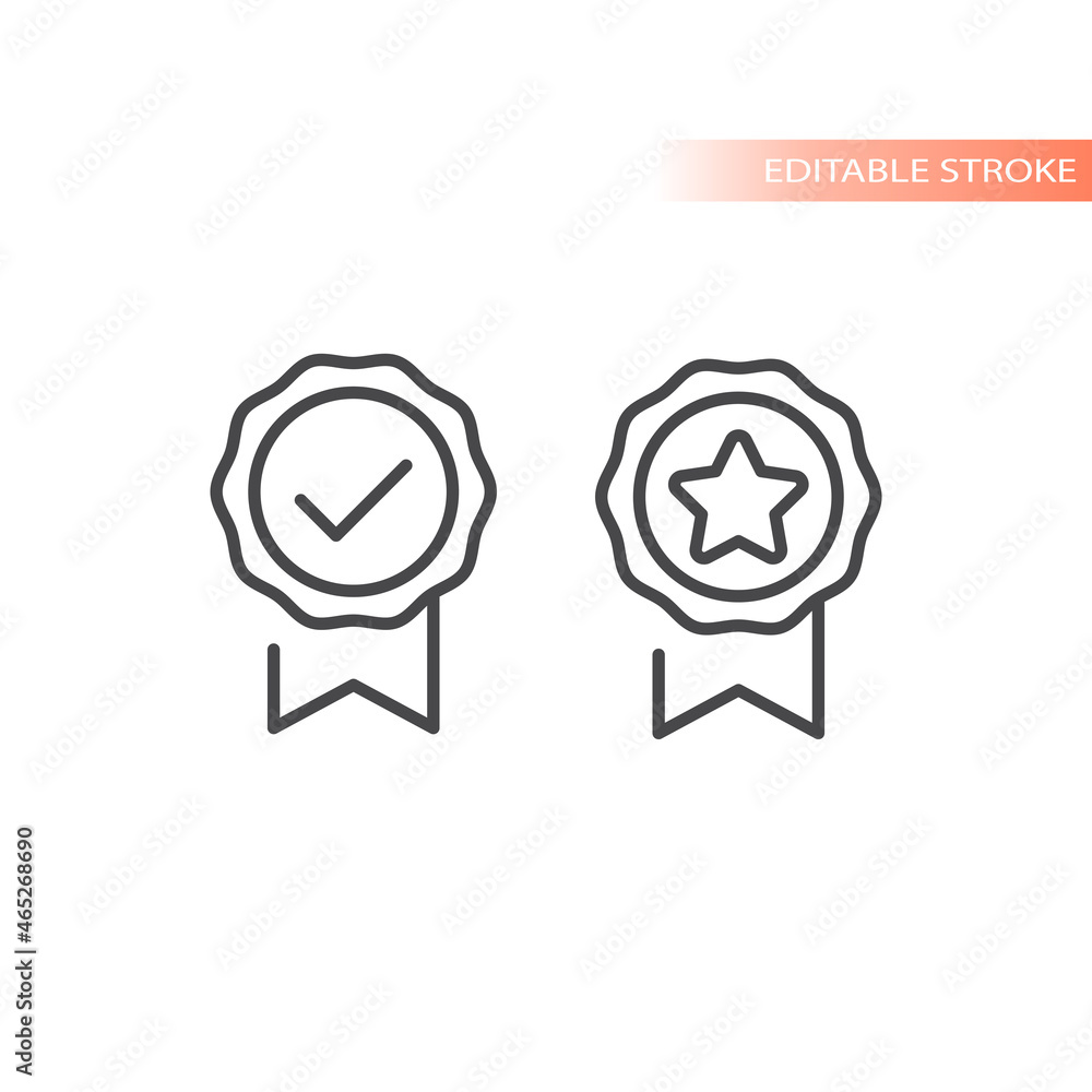Quality badge with star and checkmark. Line vector icon, editable stroke.