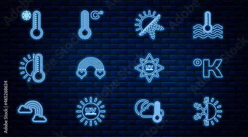 Set line Sun and snowflake, Kelvin, Rainbow with heart, Thermometer sun, Meteorology thermometer, UV protection and icon. Vector