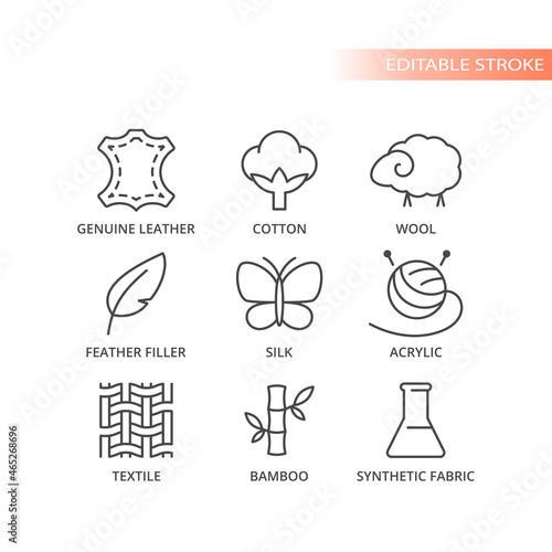 Fabric features and materials line vector icon. Cotton, wool, genuine leather symbols, editable stroke.