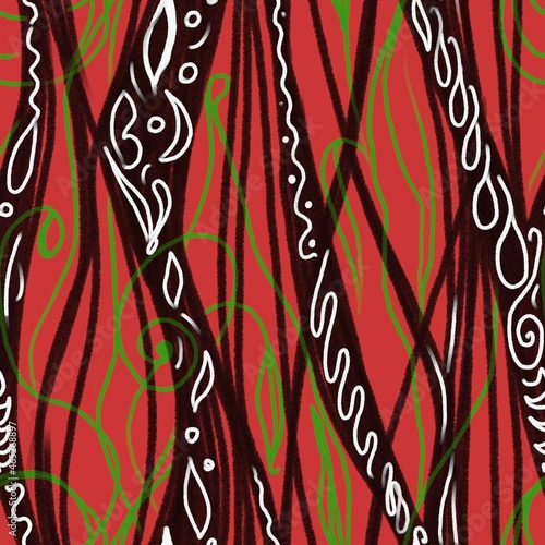 Seamless botanical black and red pattern on red background hand-drawn. Design of the background, packaging, cover, wallpaper, fabric, textiles. Modern fashion pattern.