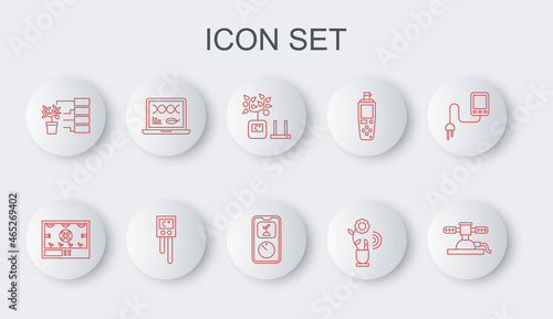 Set line Automatic irrigation sprinklers, Smart farming technology, Flower analysis, Genetic engineering modification, Temperature and humidity sensor and icon. Vector