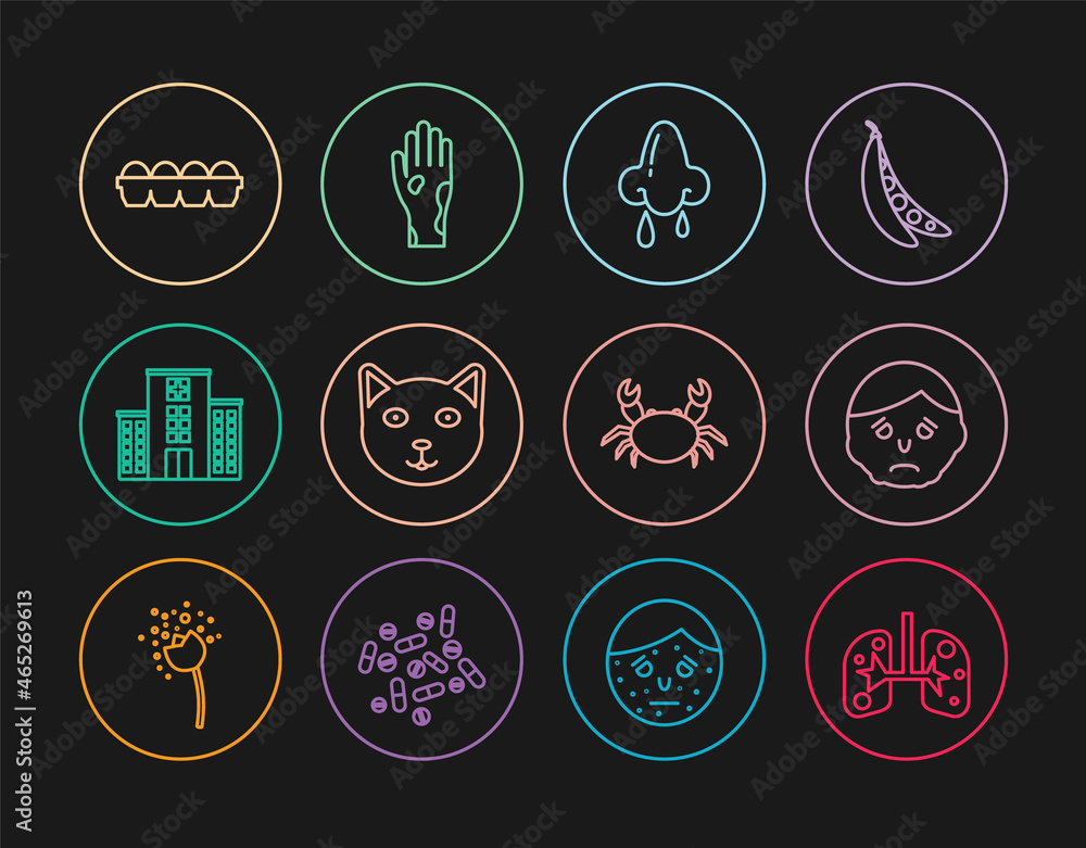 Set line Lungs, Inflammation on face, Runny nose, Pet, Medical hospital building, Chicken egg box, Crab and Hand with psoriasis or eczema icon. Vector Set line Lungs, Inflammation on face, Runny nose, Pet, Medical hospital building, Chicken egg box, Crab and Hand with psoriasis or eczema icon. Vector