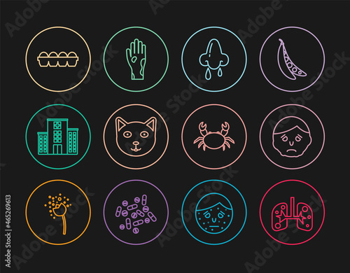 Set line Lungs, Inflammation on face, Runny nose, Pet, Medical hospital building, Chicken egg box, Crab and Hand with psoriasis or eczema icon. Vector
